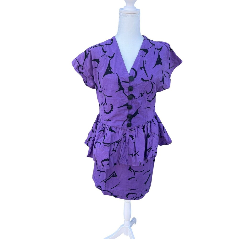Women's Vintage 80s Peplum Blouse & Skirt Set Two Piece V-Neck Purple Size LARGE